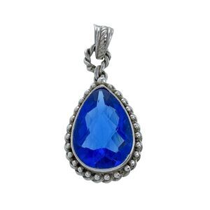 Vintage Sterling Silver 925 Caviar Rope Framed Pear Cut Blue Glass Pendant